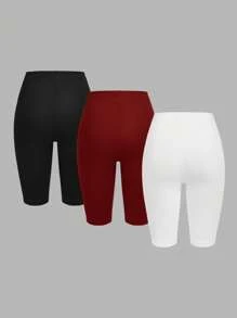 SHEIN EZwear 3pcs Black, Wine Red, White Casual Knitted Skinny Women Short Leggings, Summer