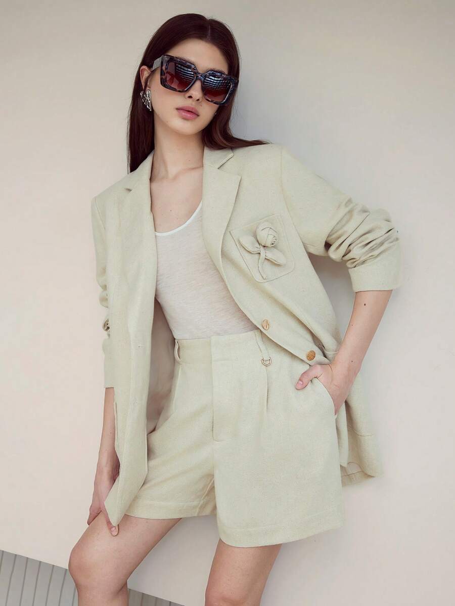 MOTF STUDIO LINEN TAILORED SHORTS - Khaki - View 1