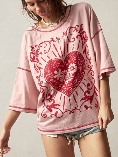 Bohemela Plus Size Summer Casual Heart & Floral Print Drop Shoulder Loose T-Shirt,Vintage