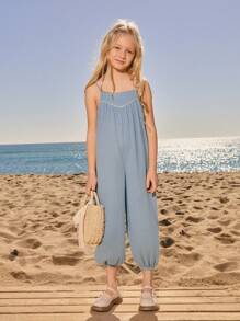 SHEIN Bộ đồ liền thân dây mảnh rộng rãi thoải mái mùa hè cho bé gái - Màu xanh lam - Xem 4