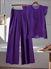 SHEIN LUNE Women's Cap Sleeve Top 2 Pieces Set, Summer - Purple - View 1