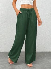 SHEIN PETITE Women White Wide Leg Woven Pants, Minimalist Fashion, Suitable For Summer - Dark Green - View 3