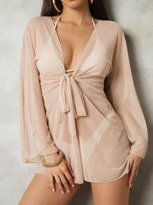 Swim Chiccia Solid Color Knotted Sheer Deep V-Neck Long Sleeve Cover Up Kimono For Summer Beach Vacation - Apricot - View 1