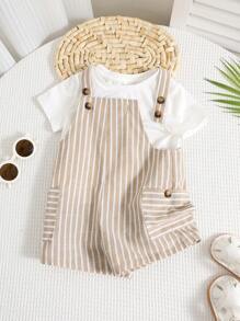 SHEIN Newborn Baby Boy Cute Summer Casual Versatile Striped Romper Overalls