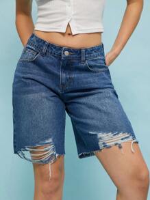SHEIN Unity 短款高腰破洞夏季秋季牛仔短裤，适合西部音乐会、乡村音乐节等场合，女士穿着。 - 中等水洗藍 - 查看 1