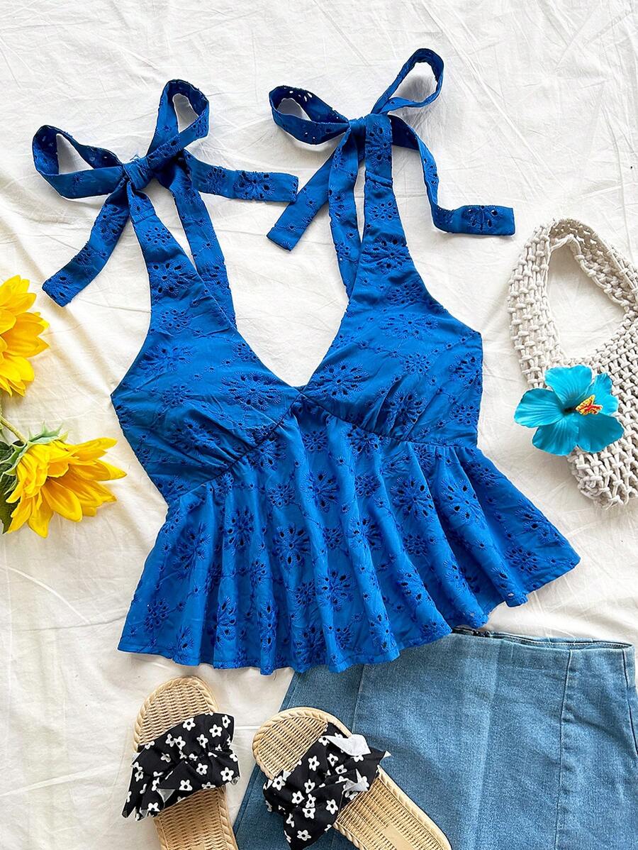 Soleia Áo ba lỗ hở lưng thêu họa tiết rỗng cổ chữ V viền bèo nhún dây đeo rộng, dễ thương cho ngày nghỉ lễ khi trở lại trường - Xanh đậm - Xem 1