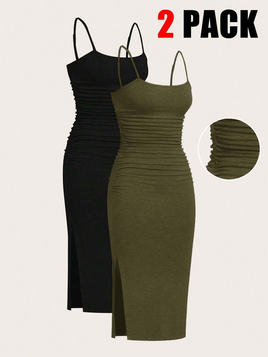 SHEIN EZwear Women's 2 Packs Casual Sleeveless Spaghetti Strap Knitted Midi Dress With Side Slit - Army Green - View 1