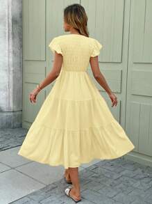 SHEIN LUNE Butter Yellow Romantic Spring Date Ruffled Flounced Hem Pink Mid-Length Dress For Women,Bohemia,Summer Dresses For Women