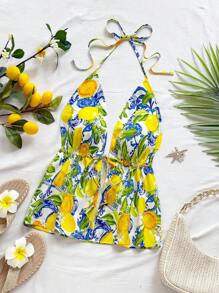 Soleia Top crop da donna senza maniche e senza schienale con stampa di frutti tropicali colorati della Sicilia, adatto per vacanze