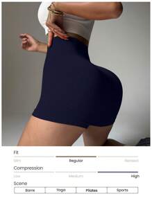 Gameset SHEIN Sport 无缝宽带腰运动短裤蓝色短裤女士运动短裤、健身短裤、骑行短裤 - 藏蓝色 - 查看 5