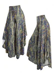 SHEIN LUNE Plus Size Full-Print High Waist Asymmetric Hem Casual Pants - Multicolor - View 1