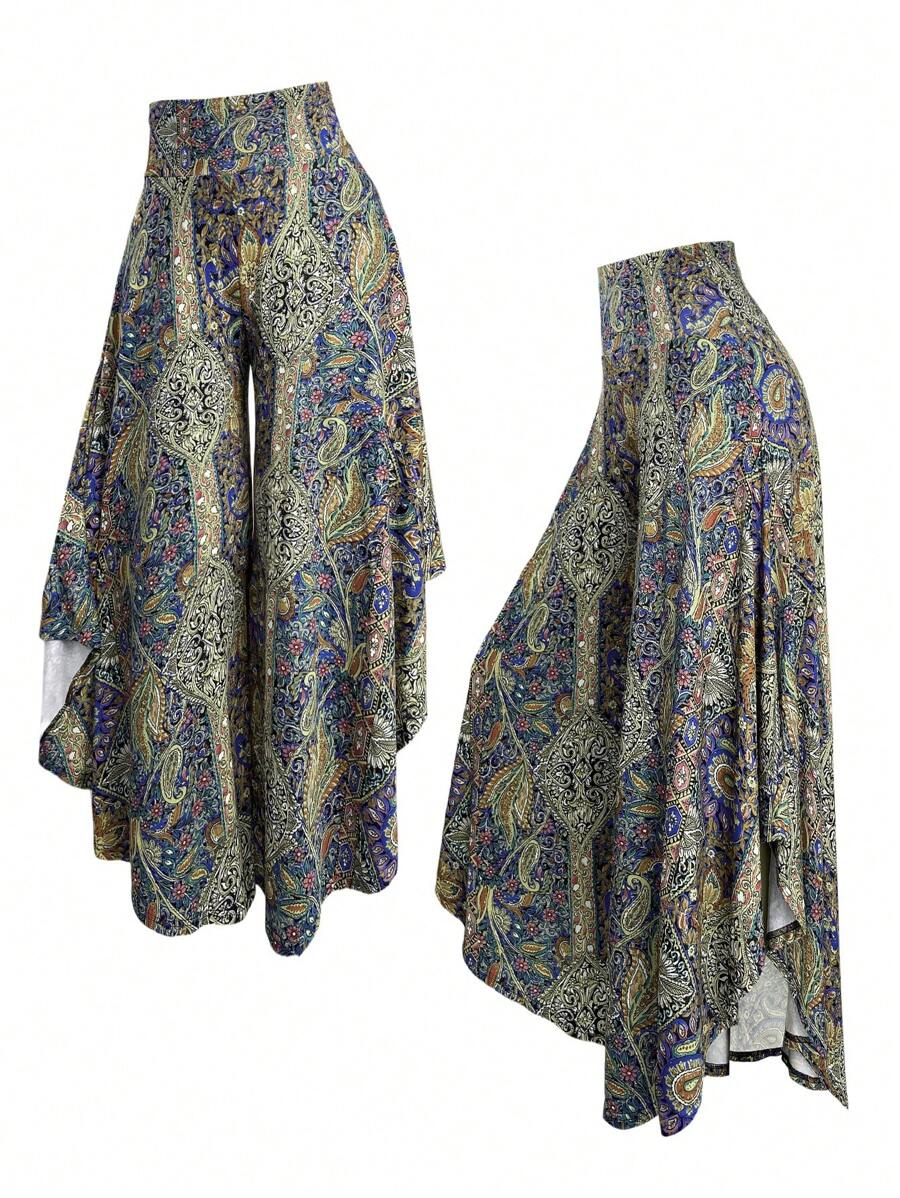 SHEIN LUNE Plus Size Full-Print High Waist Asymmetric Hem Casual Pants - Multicolor - View 1