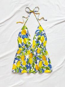 Soleia Top crop da donna senza maniche e senza schienale con stampa di frutti tropicali colorati della Sicilia, adatto per vacanze