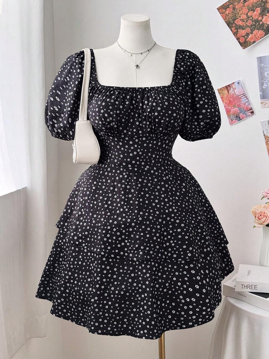 Flirla Plus Size Women Fashionable Plaid Print Dress - Black - View 1