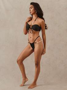 SHEIN Swim Women's Summer Sexy 2 Pieces Solid Color Bandeau Shell Decor Halter Tie Bikini Set