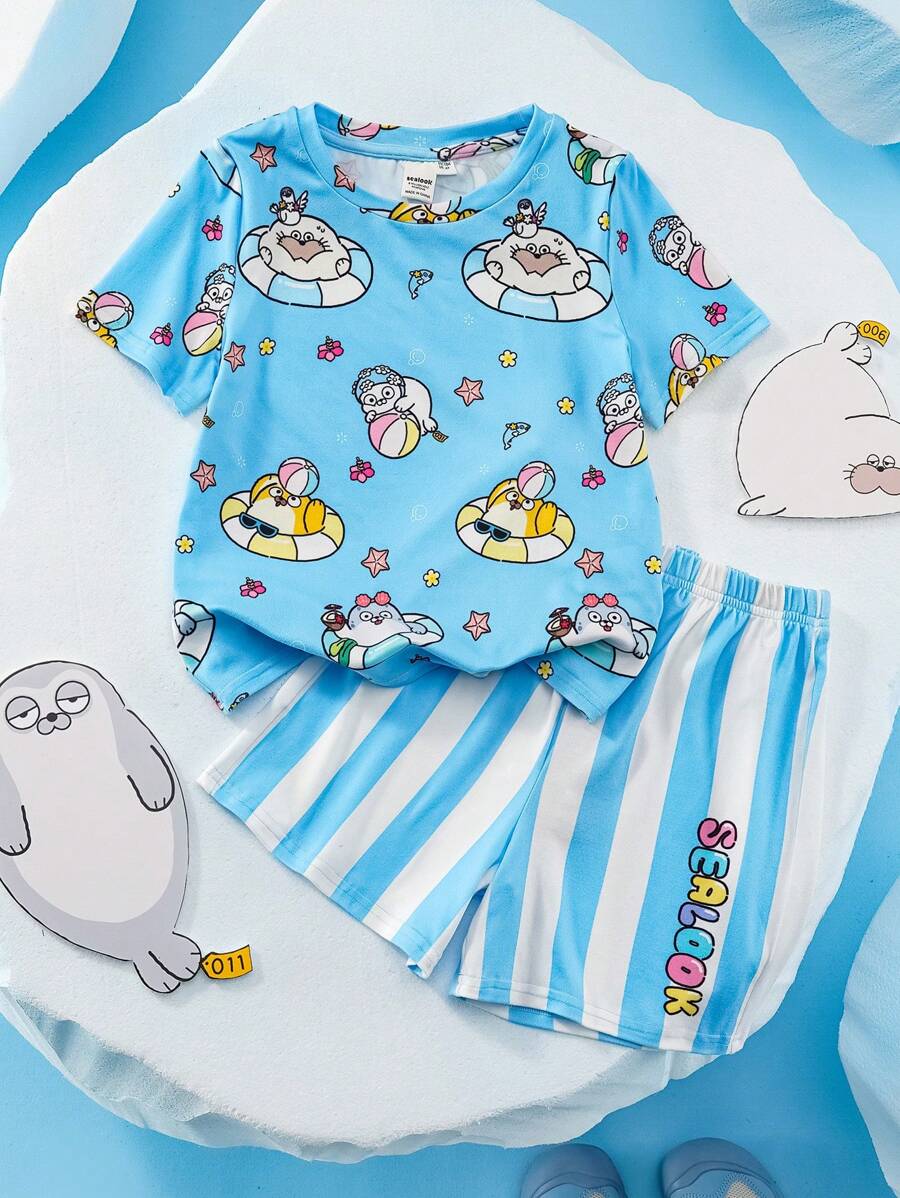 SEALOOK X SHEIN Conjunto de 2 piezas para niño pequeño con camiseta azul con diseño de foca y estrella de mar del mundo acuático y shorts de rayas azules y blancas para playa de verano - Azul - Ver 1