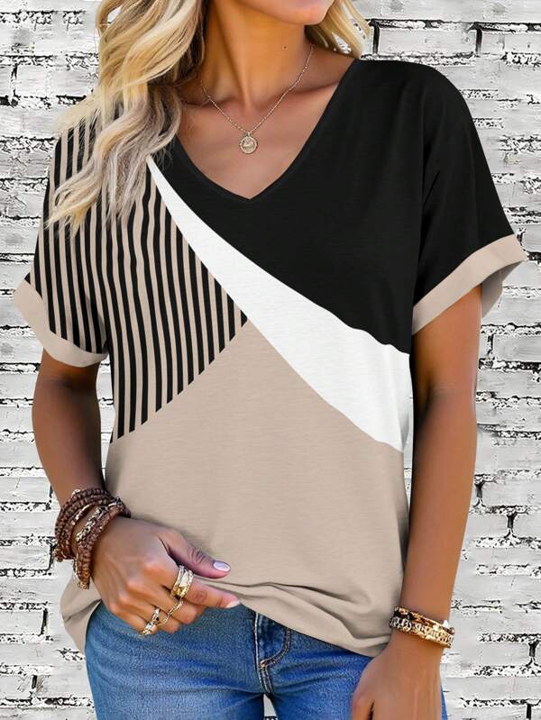 Plus Size Women's Colorblock Striped V-Neck Short Sleeve Graphic Tees With Rolled-Up Cuffs, Going Out Tops,Casual Loose Summer Women