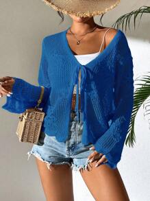 Breezaya 女士纯色镂空前系带长袖休闲开衫