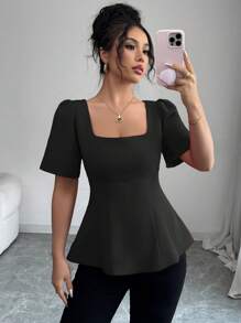 Elenzga Women's Casual Elegant Square Collar Cinched Waist A-Line Bell Sleeve Short Sleeve Blouse, Spring/Summer - Black - View 4