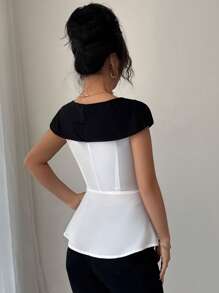 Elenzga Elegante blusa primaverile/estiva da donna con colletto a blocchi di colore, in tessuto intrecciato