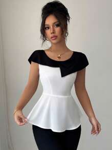 Elenzga Elegante blusa primaverile/estiva da donna con colletto a blocchi di colore, in tessuto intrecciato