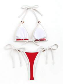 Swim Vcay 女士夏季沙滩系带性感抹胸比基尼两件套泳衣套装 - 紅色 - 查看 2