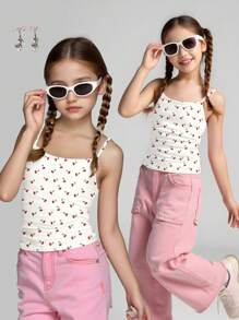 Tween Girl Slim Fit Vintage Cherry Print Form-Fitting Camisole Crop Top, Creamy White, Summer - Multicolor - View 3