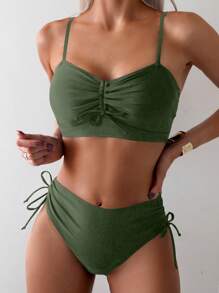 Swim Basics Women's Solid Color Drawstring Sexy Bikini Swimsuit Set, Summer Beach