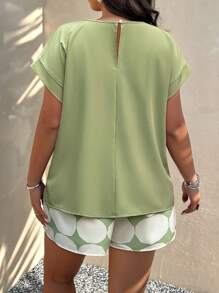 Breezaya Plus Size Solid Color Short Sleeve Top & Random Print Shorts 2 Pieces Set, Casual - Mint Green - View 2