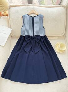 SHEIN Leap Crew Tween Girls' Bowknot Back Striped Color Block Sleeveless Dress - Navy Blue - View 9