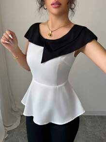 Elenzga Elegante blusa primaverile/estiva da donna con colletto a blocchi di colore, in tessuto intrecciato