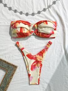 Swim Mod Women's Summer Bandeau Sexy Vacation Flower Print Bodycon Casual Elegant Two Pieces Swimsuit - Multicolor - View 1