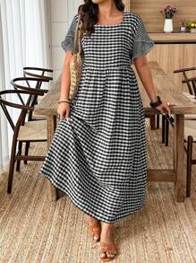 Weeklong 大码格子印花方领休闲短袖连衣裙，适合夏季 - 黑色 - 查看 3