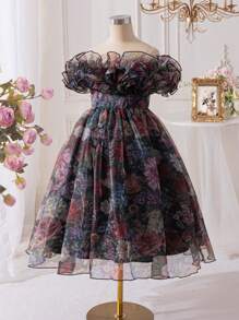 SHEIN Tween Girl Elegant Multi-Layered Ruffle Floral Print Mid-Length Dress Holiday Outfits - Black - View 9