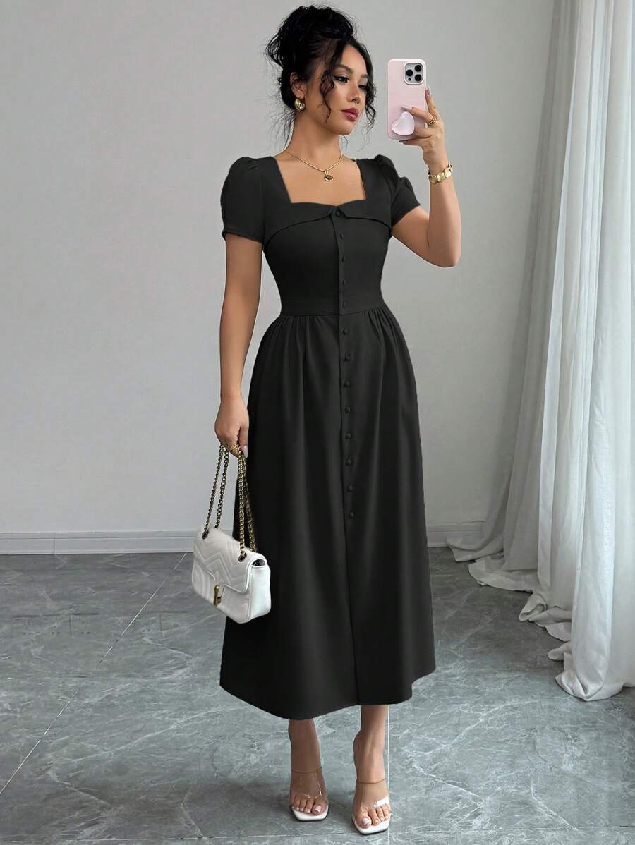 Elenzga Đầm dài tay hở vai cổ hình thang thanh lịch dành cho nữ, cài nút phía trước, thắt lưng chữ A, xẻ tà viền nhún bên hông, đi làm/đi làm, xuân/hè - màu đen - Xem 1