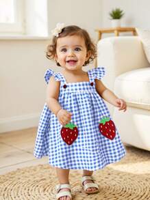 Cozy Pixies Baby Girl Strawberry Pattern Square Neck Ruffle Hem Cinched Waist Sleeveless Dress - Blue - View 1