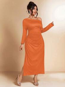 Cravure Women Plus Size Solid Color Asymmetric Neck Elegant Dress - Orange - View 5