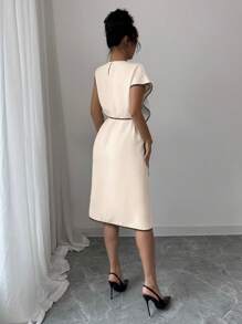 Elenzga French Minimalist 2025 Spring/Summer Loose Waist-Tied Asymmetrical Dress, High-Quality Mandarin Collar - Apricot - View 2