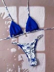 Swim Mod Conjunto de bikini con tirantes finos con estampado aleatorio y decoración metálica para mujer "Springbreak", conjunto de ropa de playa de verano