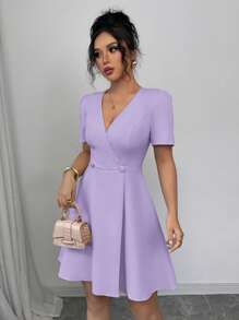 Elenzga Váy ngắn đi làm thanh lịch màu trơn cổ chữ V, chéo trước, hai hàng khuy, dành cho nữ, mùa xuân/hè - Màu tím - Xem 4