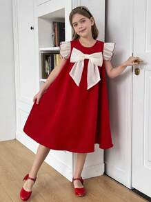 SHEIN Vestido A-line con bloque de color, decoración de moño y mangas cortas para niña preadolescente