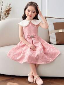 Young Girl Pearl Decor Large Lapels Patchwork Patchwork Floral Jacquard Midi A-Line Dress, Shawl Neck, Cake Dress, Flower Girl, Cute & Elegant & Sweet & Vintage & Fashionable. Mom And Daughter & Sisters Matching, Family Vacation, Daily Wear, Home Family Gatherings And Special Occasions, Sibling Outfits, Gorgeous Princess, Party Wear, For Birthdays, Spring/Summer. - Pink - View 5