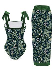 Swim Oasis 加大码热带植物印花扭纹可调节肩带连体泳衣（含配套裙子） - 彩色 - 查看 2