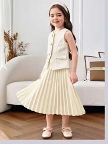 SHEIN 2pcs Set Young Girl Elegant Sleeveless Blazer Vest & Pleated Skirt Suit,Mom And Daughter & Sisters Matching Style Matching