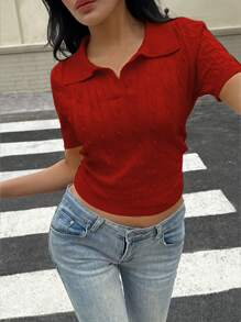 Flirla 短袖扭结领纯色休闲针织上衣 - 紅色 - 查看 4