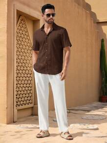 Manfinity BRENVOR 男士修身提花针织翻领短袖休闲衬衫，适合夏季日常穿着 - 棕色 - 查看 4