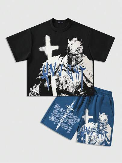 Men's Goth Printed Short Sleeve Loose Cropped T-Shirt, Halloween