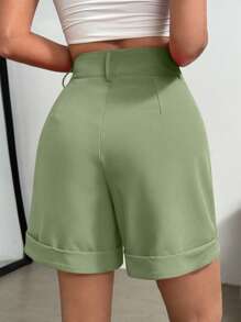 SHEIN Clasi Shorts de verano casuales para mujer con bolsillo plegado y bajo enrollado en unicolor