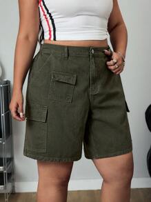 SHEIN ICON Plus Size Summer Casual Solid Color Multi-Pocket Shorts - Army Green - View 3
