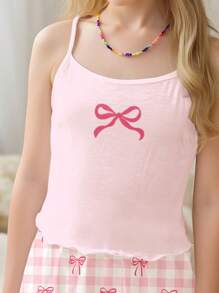 SHEIN Tween Girl Casual Plaid Bow Design Slim-Fit Camisole Top And Shorts Pajamas Set, Suitable For Summer
